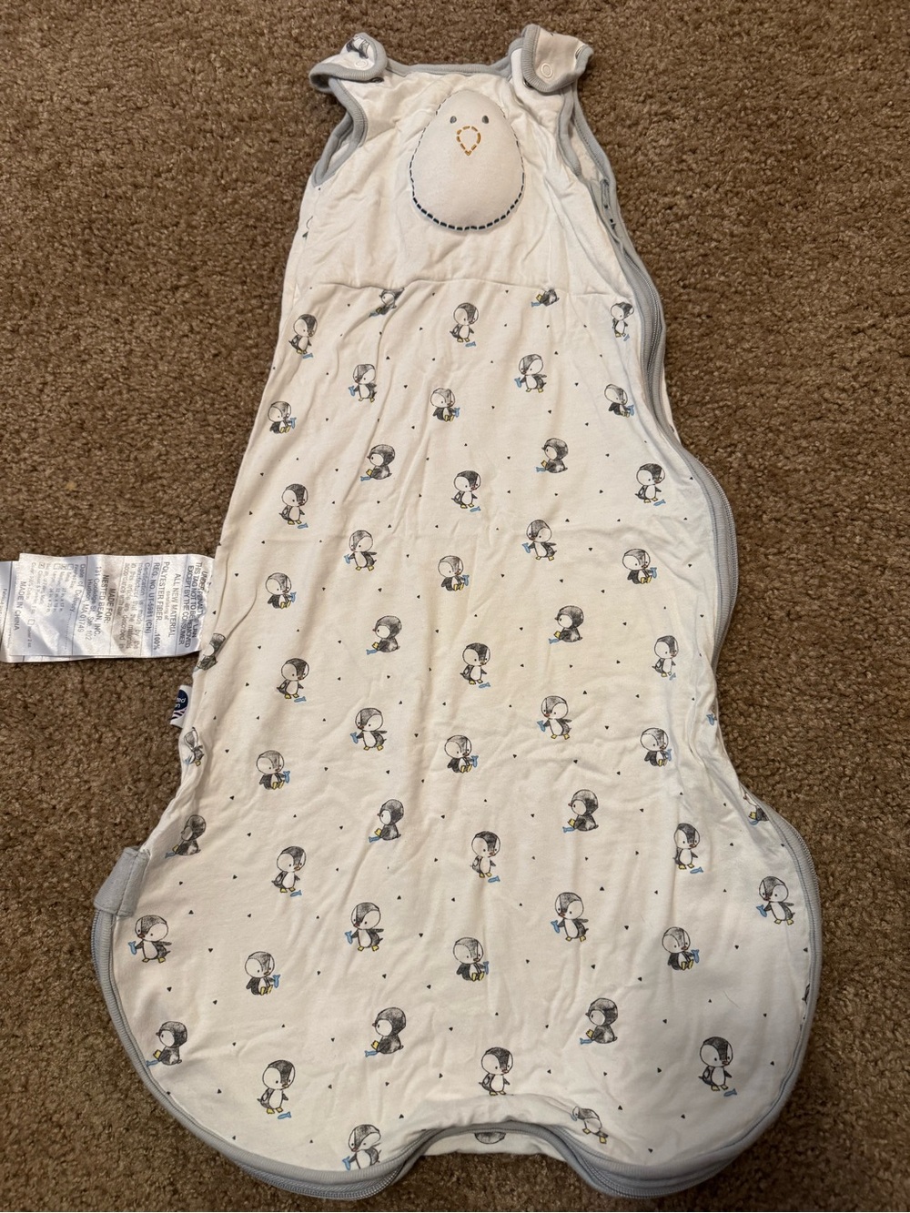 Nested Bean Penguin Baby Sleep Sack with Light Gray Trim